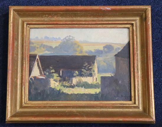 Julian Barrow (1939-2013) Barns at the foot of the downs 15 x 20cm.